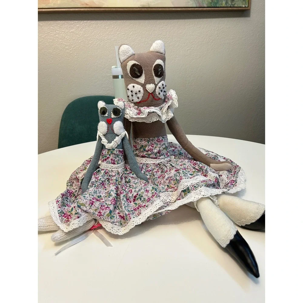 Handmade Folk Art Cat Doll Set Mother and Kitten Floral Lace Tiered Dress Felt